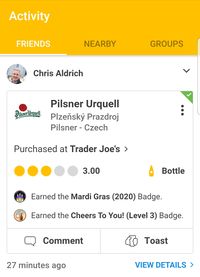 Screenshot of Untappd mobile app Activity screen with the user name and avatar, drink name followed by Purchased at Trader Joe's > and other data.