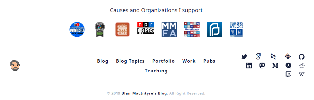 Screencapture of Blair MacIntyre's website footer featuring several logos of organizations he supports.
