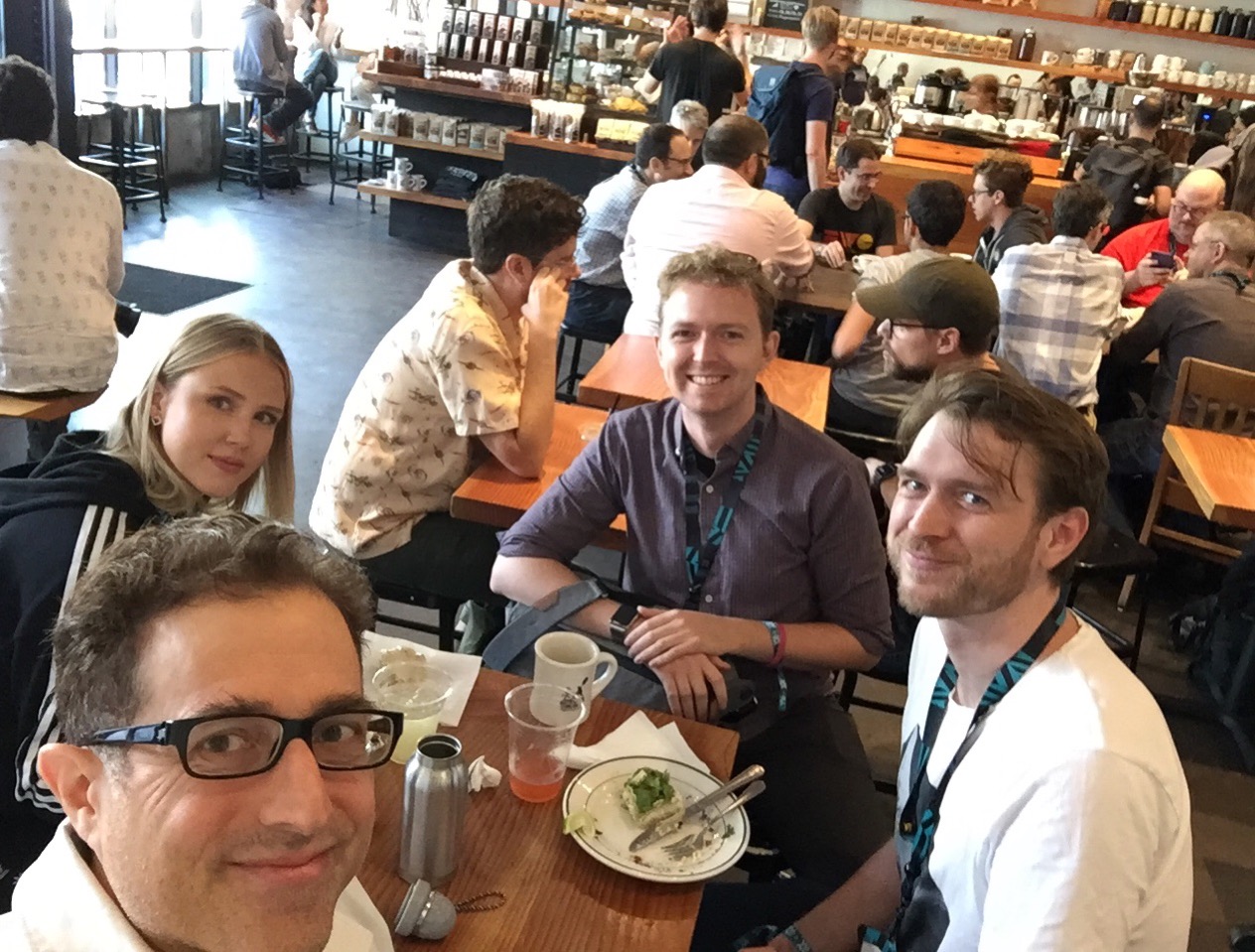 XOXO IndieWeb meetup participants, selfie by Tantek with two folks from Oslo, and Alan