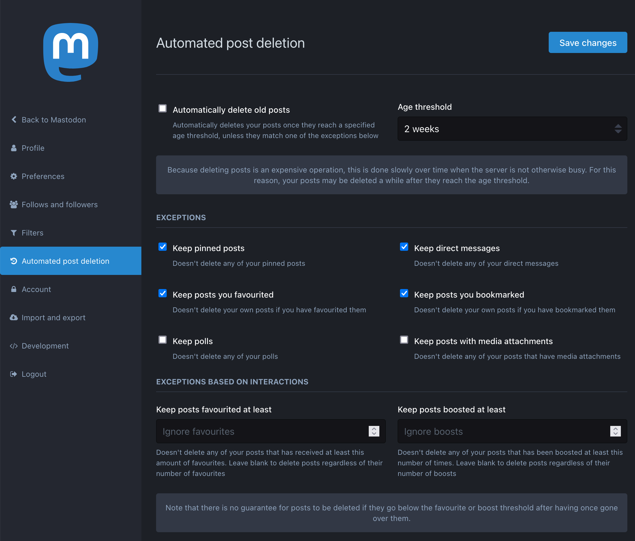 Mastodon settings menu with automated deletion age threshold setting and list of exception options like pinned posts and posts favorited by x people.