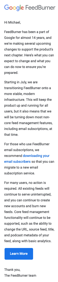 Google FeedBurner transition email screenshot