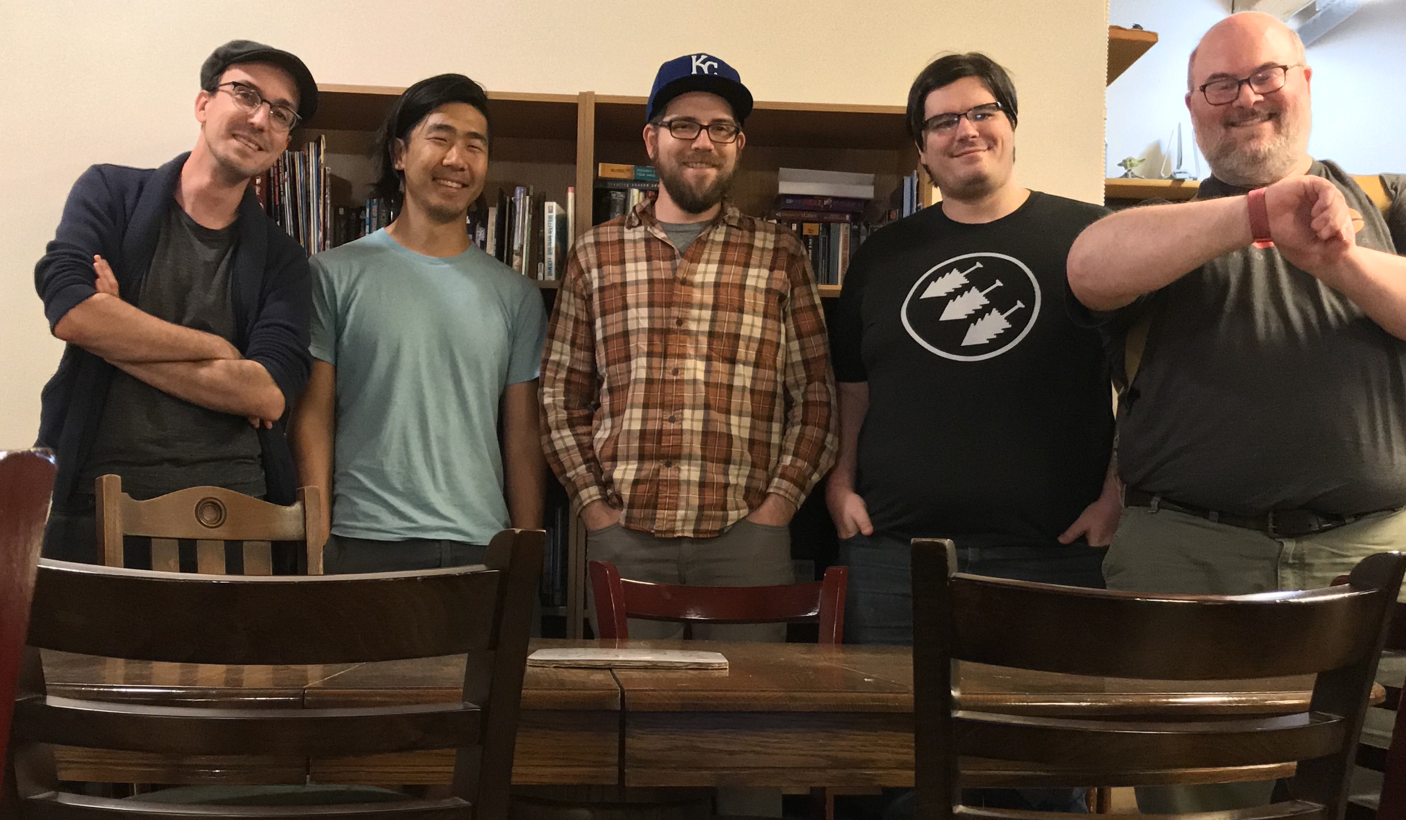 Mime, Ben, Albert, Steve, Doug in front of Bookcase at Wayward Coffeehouse
