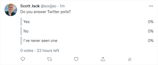 Screenshot of a Twitter poll asking, 'Do you answer Twitter polls?' with three options—Yes, No, I've never seen one—displayed in a bar graph.