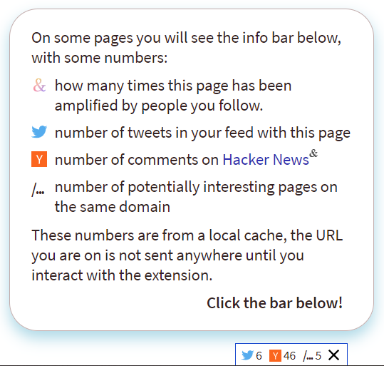 Screenshot of Ampie introduction showing its footer bar tab with a pop up description of what the &, Twitter, and Hacker News icons indicate.