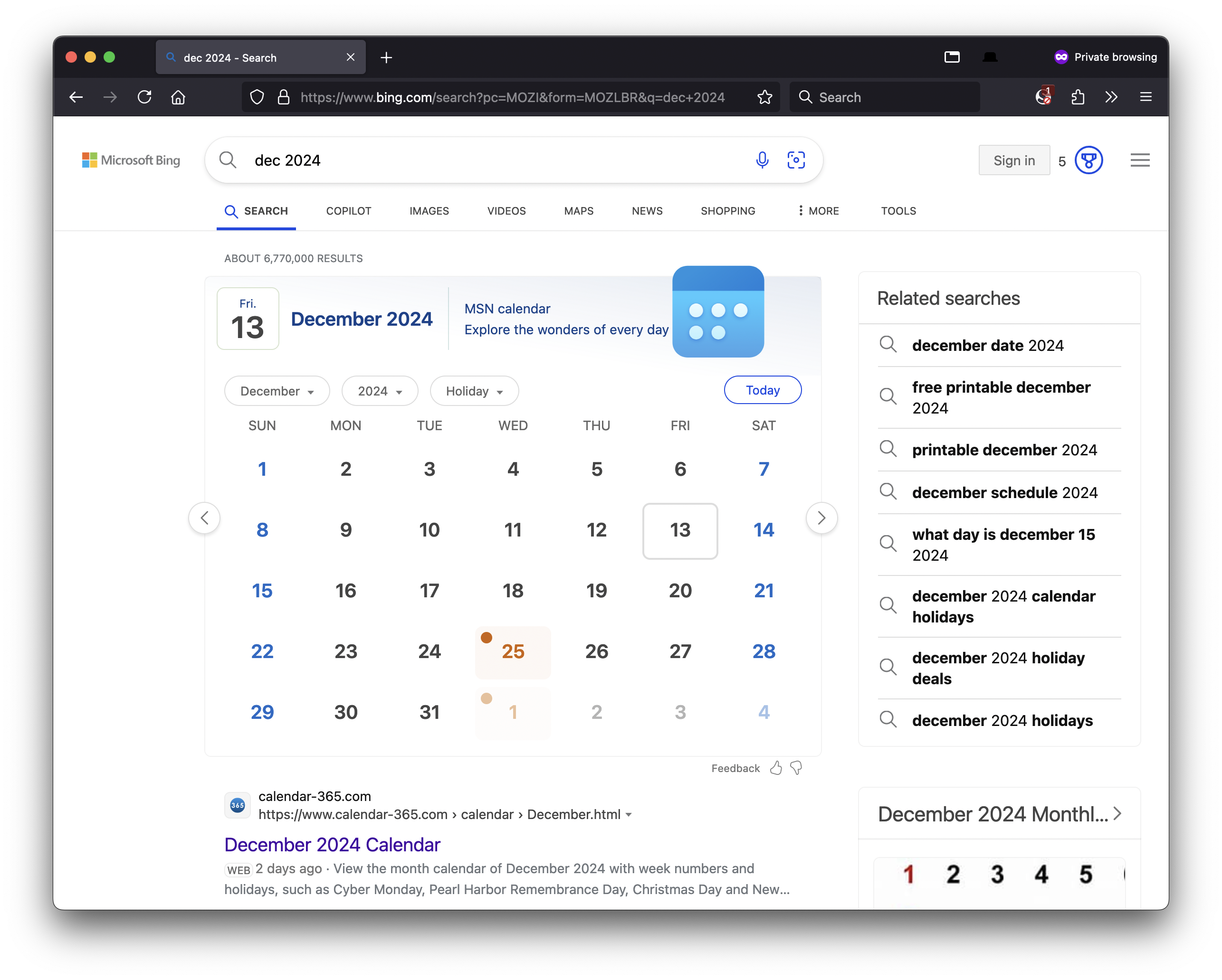 Screenshot of a Firefox private browsing window searching Bing for dec 2024 and showing a big text display of the month of December 2024 with headings for the days of the week and weekends and holidays highlighted.