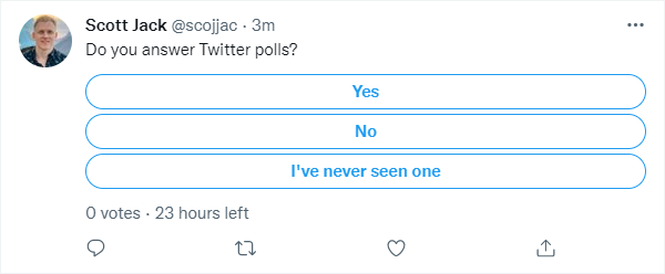 Screenshot of the same Twitter poll, but the respondents' view with a button for each choice.