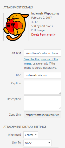 Update of image inclusion UI in WordPress 5.2.x which includes a helpful link about knowing what alt text to include.