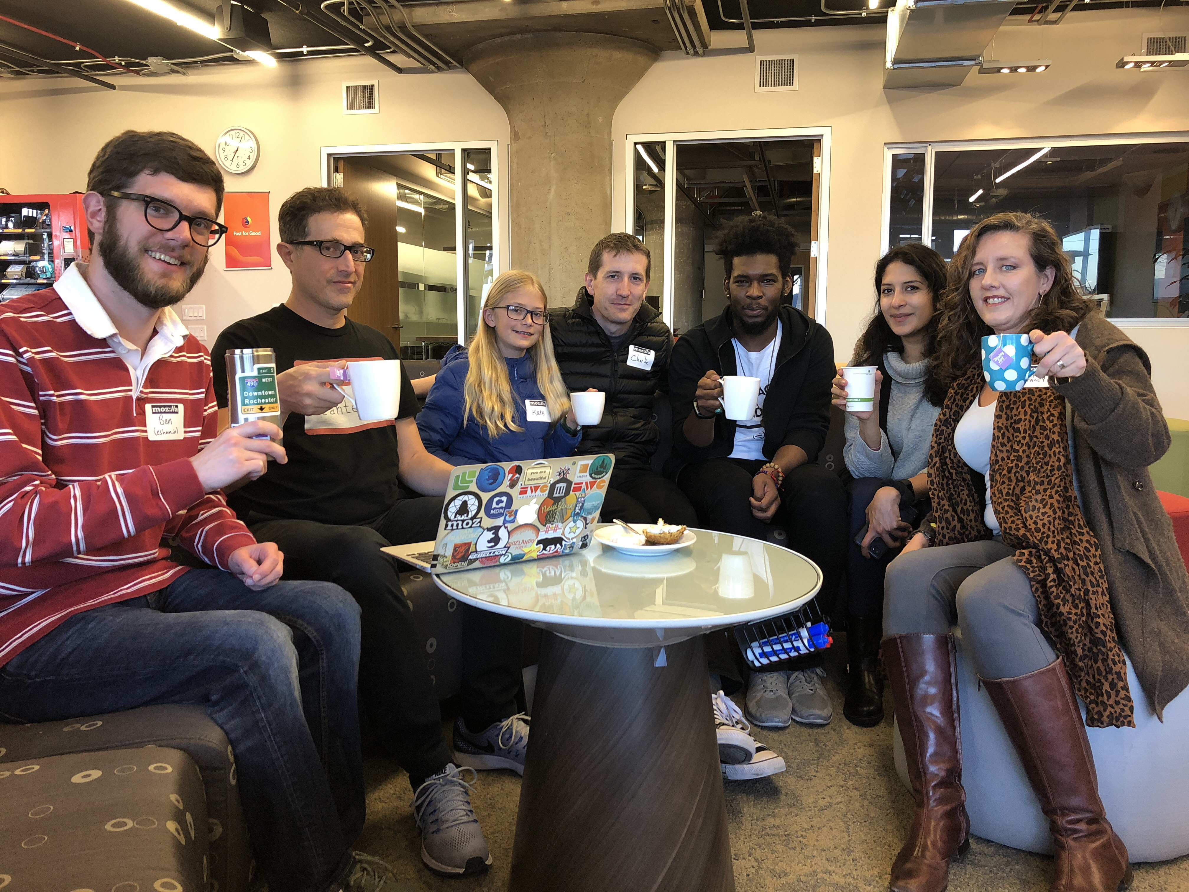 Homebrew Website Club San Francisco participants raising their tea mugs in honor of HTTP 418