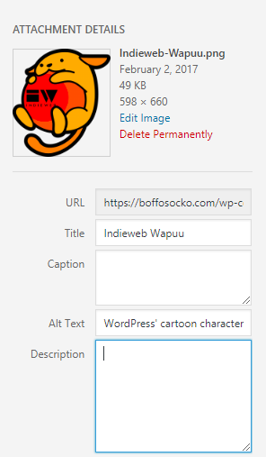 A UI example of the WordPress image selection process which includes a field for the alt text.