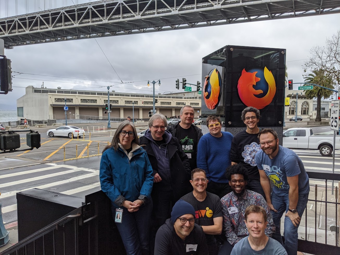 IndieWebCamp San Francisco 2019 Day 1 participants gathered in front of the Firefox tower just outside of Mozilla’s San Francisco offices, with Embarcadero and Harrison streets behind them and a span of the Bay Bridge just visible at the top of the photo.