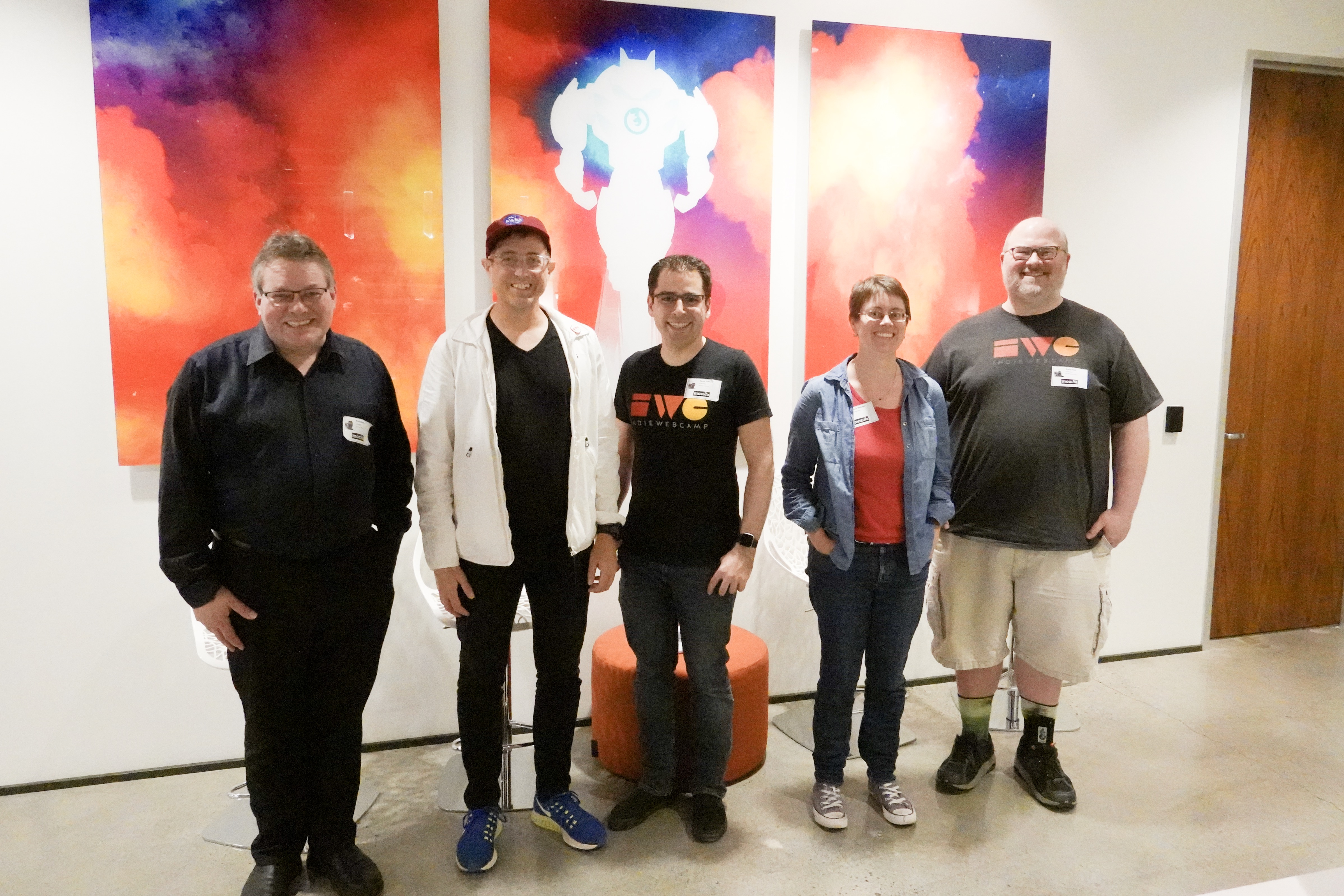 Kevin Marks, Tantek, Aaron, Claire, and Doug Beal at Mozilla Portland for the Homebrew Website Club PDX meetup!
