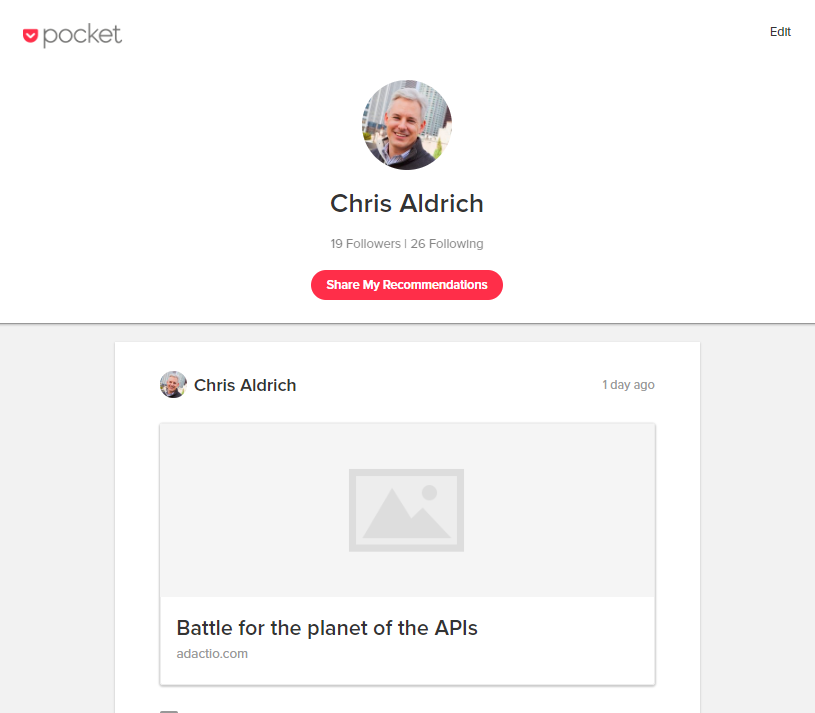UI of Pocket's Recommendation feed with a user's avatar at the top and a content card with a featured photo, title, and the website's root URL underneath