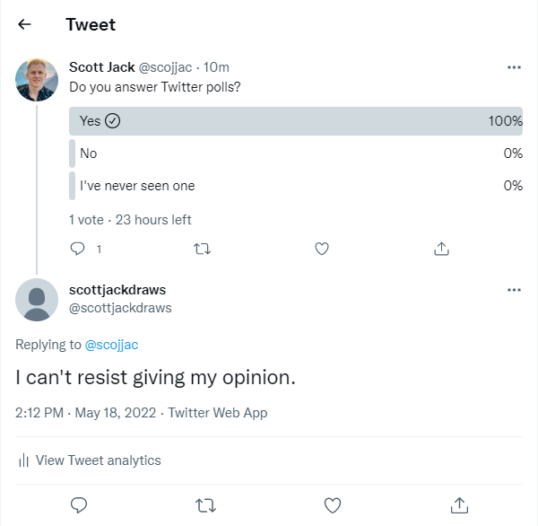 Screenshot of the same Twitter poll with Yes selected and a reply beneath.