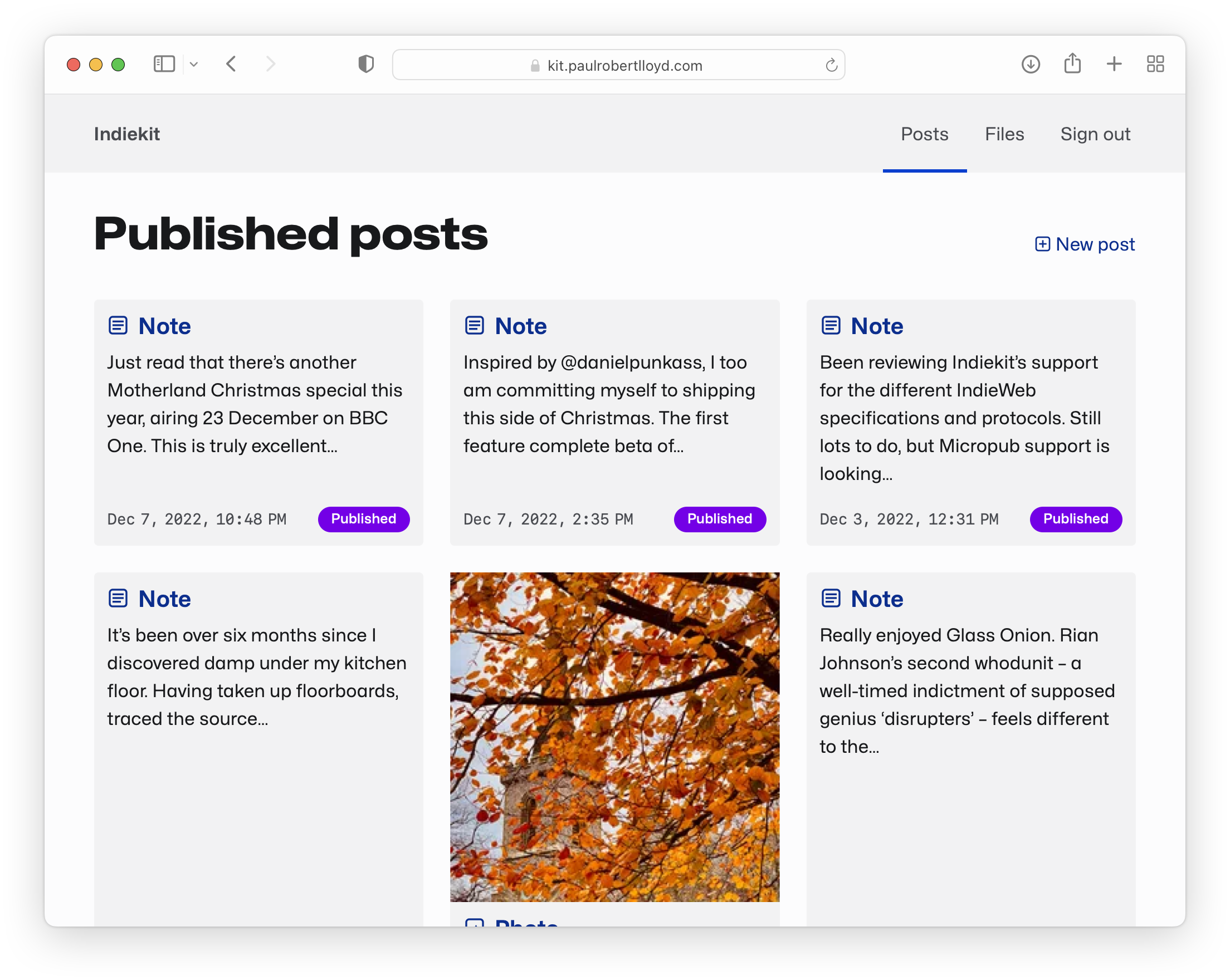 Screenshot of Indiekit in a browser, showing a grid of published posts.