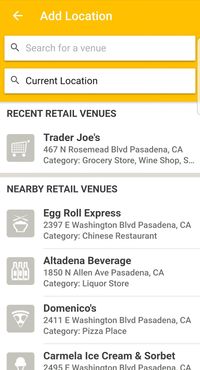 Screenshot of Untappd mobile app with a search box to find a venue above various options based on current location of various retail venues categorized into recent and nearby.