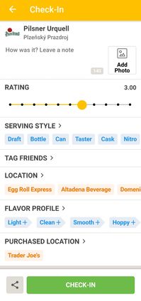 Screenshot of Untappd mobile app with a variety of inputs including Purchased Location with a greater than symbol to indicate clicking on it to choose a location.