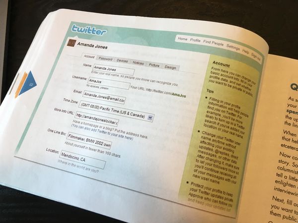 Page 22 of The Twitter Book by Tim O'Reilly showing a screenshot of an account editing user interface