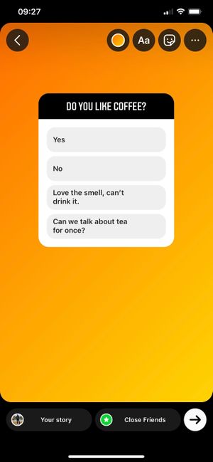Screenshot of Instagram story with orange-yellow background and poll sticker with question 'Do you like coffee?' and four choices: 1) Yes, 2) No, 3) Love the smell, can't drink it, and 4) Can we talk about tea for once?