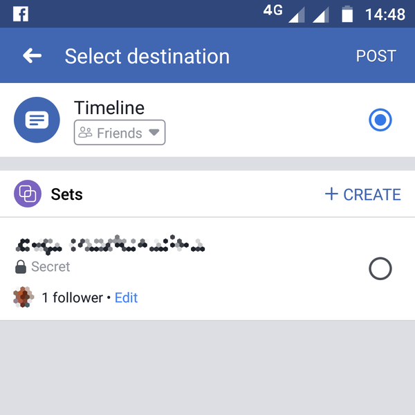 Facebook’s mobile interface for selecting a destination feed.
