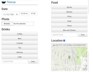 screencaptures of Teacup's mobile UI featuring date/time, photo upload, pushbuttons for drink and food, and a checkbox to include location.