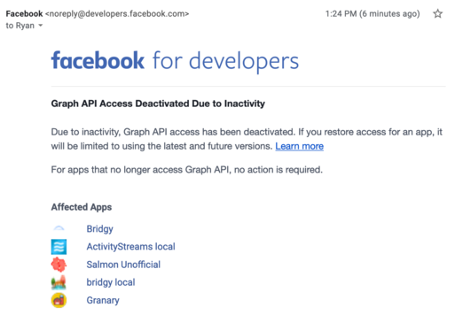 email from Facebook to snarfed that his API apps have been disabled
