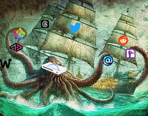 In the old Age of Sail style. A Lovecraftian giant octopus attacks three large sailing ships. The ships' sails have the Twitter, Reddit, and Threads logos. The octopos's tentacles have the webmention, ActivityPub, fediverse, ATProto, and Nostr logos. The octopus's head is a router with the Bridgy (Fed) logo.