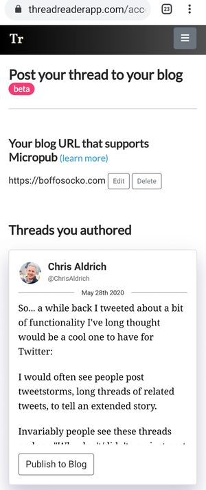 Screenshot of mobile interface of ThreadReaderApp Micropub posting of Twitter threads with single button that reads: Publish to blog.